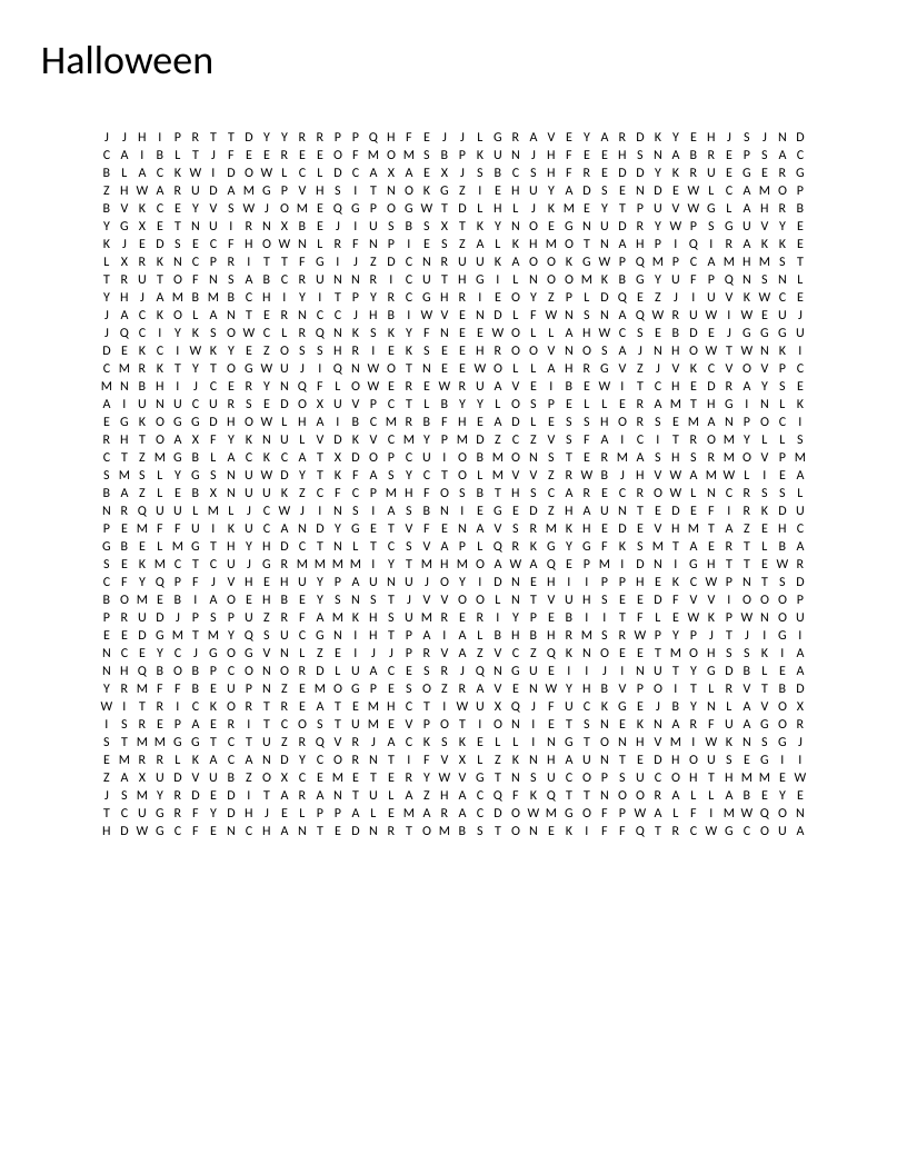 Halloween word search with jack-o'-lantern, ghost, witch, and candy among 99 hidden words.