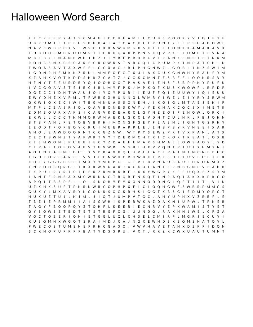 Halloween word search with pumpkins, jack-o'-lanterns, costumes, and trick-or-treat words.