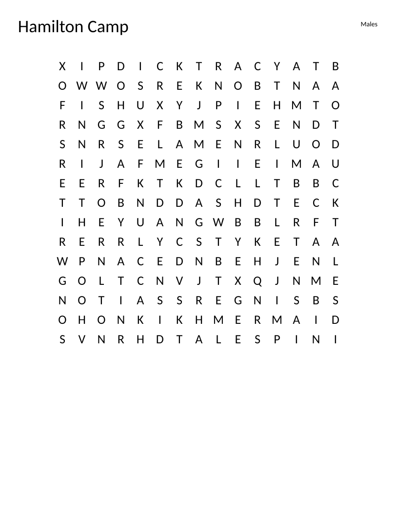 Word search about voice actor Hamilton Camp and Disney animated shows including DuckTales and TaleSpin.