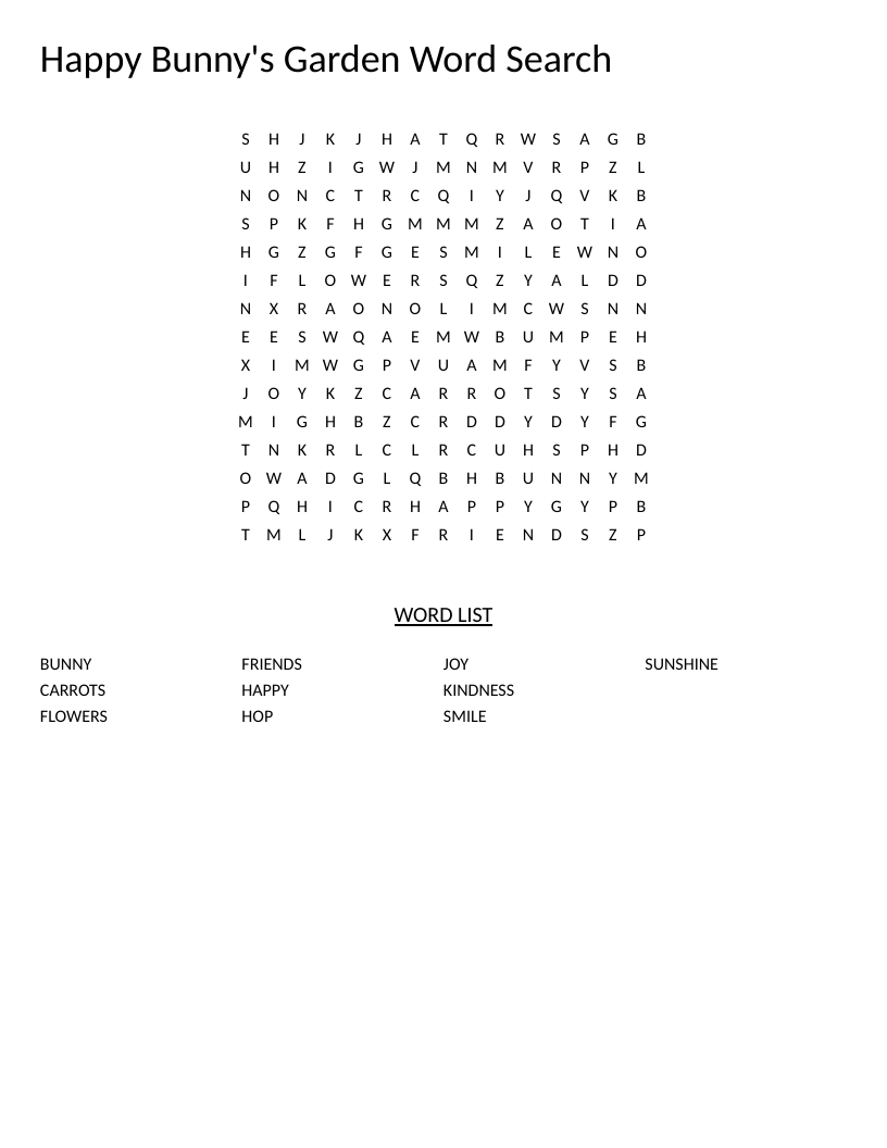 Happy Bunny's Garden word search with spring words like flowers, carrots, and sunshine.