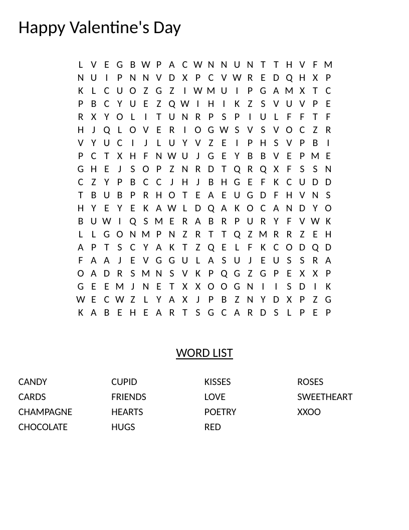 Valentine's Day word search with hearts, chocolate, roses, and cupid in large font.