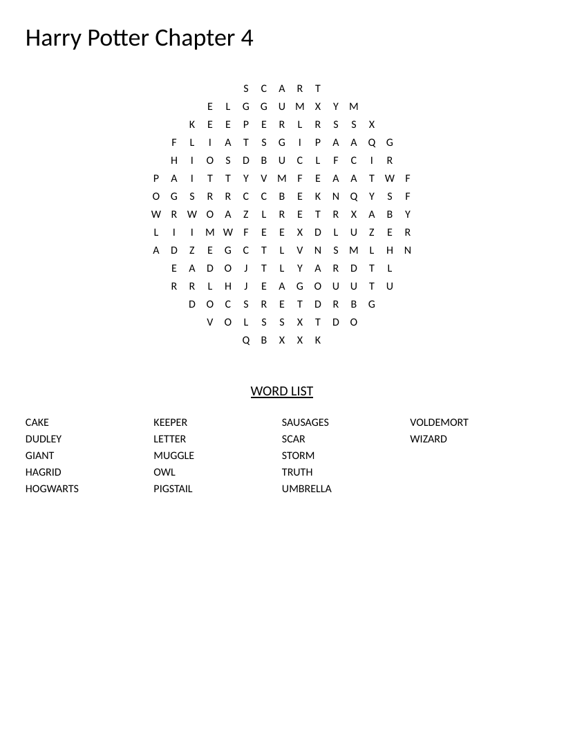 Circle-shaped Harry Potter word search featuring Hagrid, Hogwarts, and chapter vocabulary.