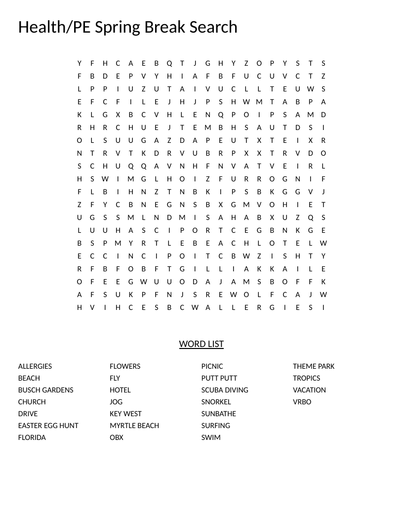 Spring break word search with beach and vacation words like Myrtle Beach, surfing, and snorkeling.