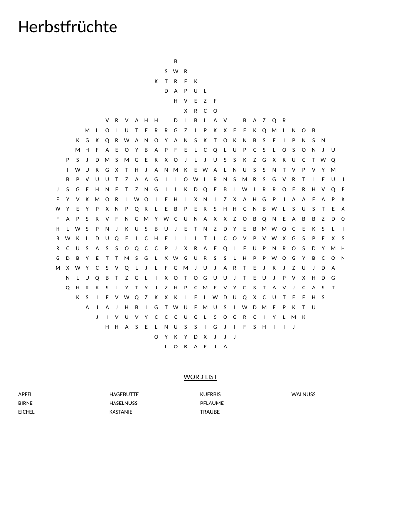 Pumpkin-shaped German word search with autumn fruits and nuts like Apfel and Kürbis.