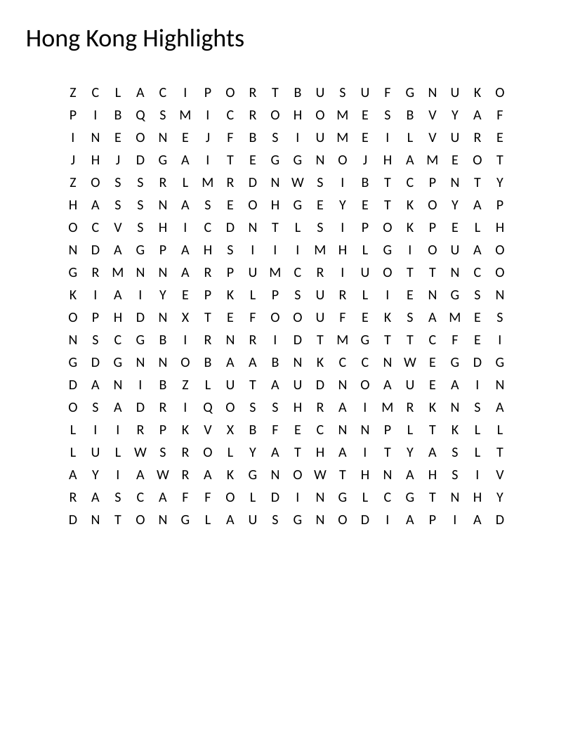 Hong Kong word search featuring dim sum, cantopop, mahjong, and landmarks like the Star Ferry.