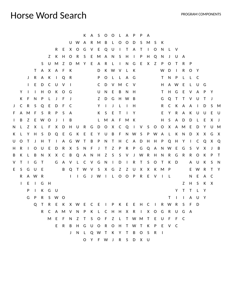 Smiley-shaped horse word search with equestrian words like stallion, saddle, and appaloosa.