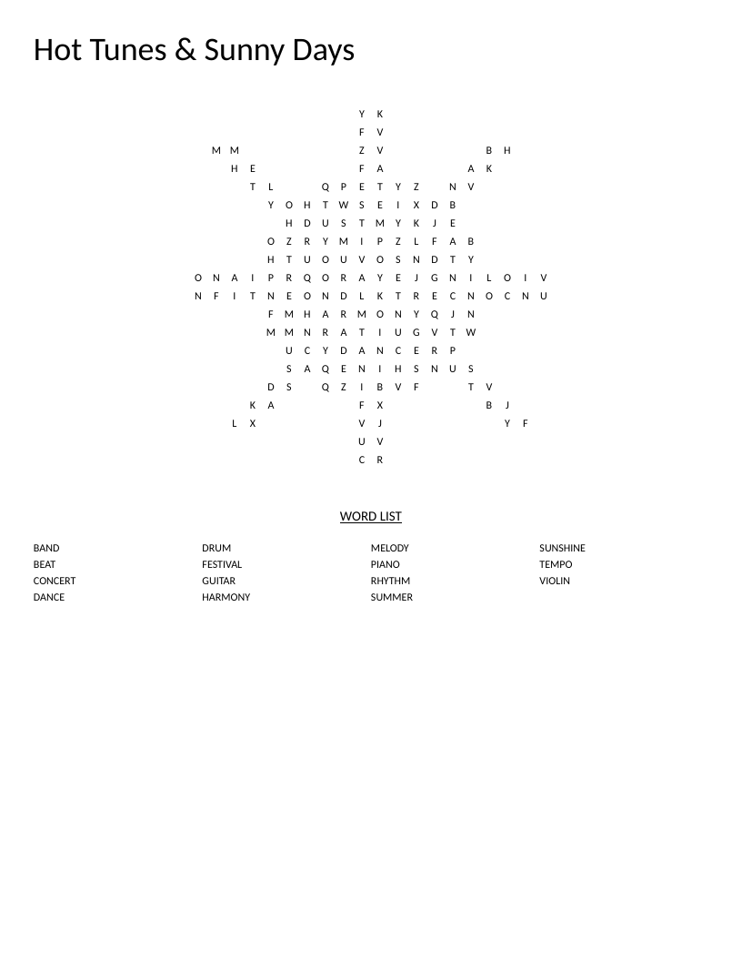 Sun-shaped summer music word search featuring melody, guitar, concert, and sunshine.