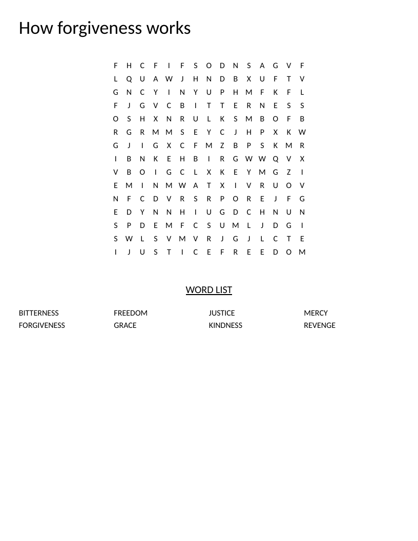 Word search on forgiveness with words grace, mercy, kindness, and justice.