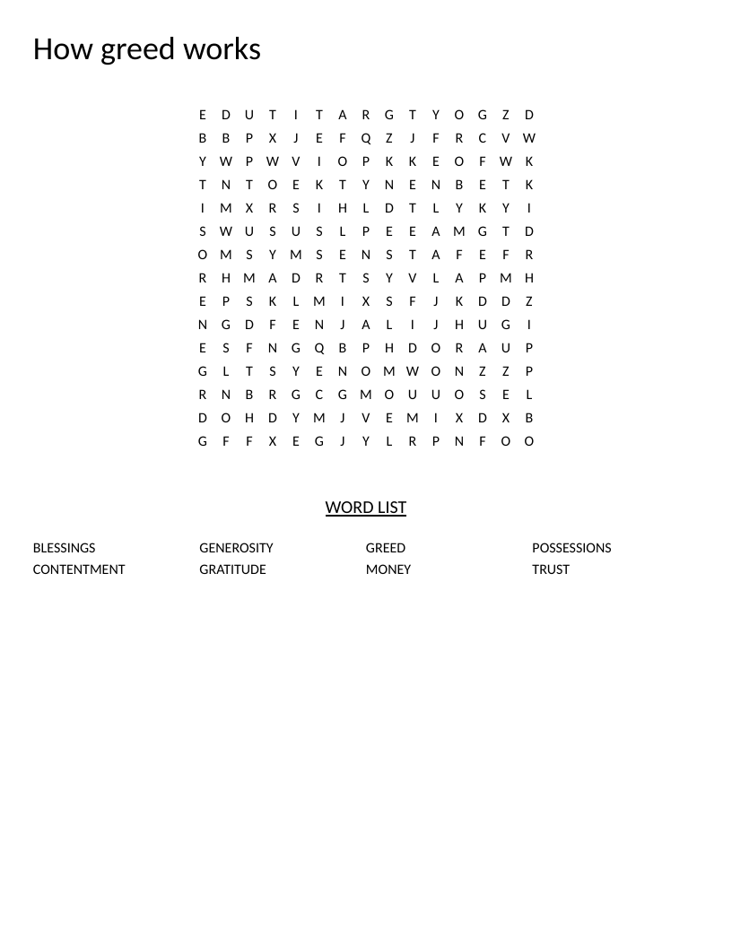 Word search about greed and values with words like contentment, generosity, and gratitude.