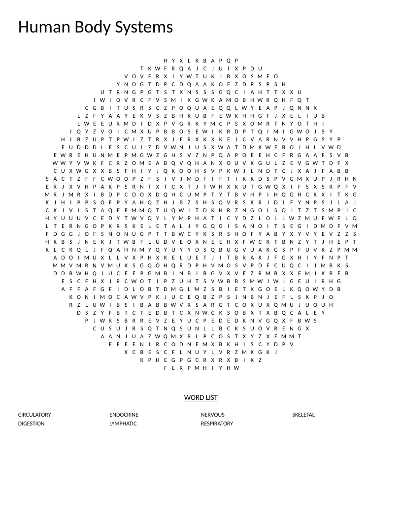 Circle-shaped human body systems word search with respiratory, circulatory, and nervous system.