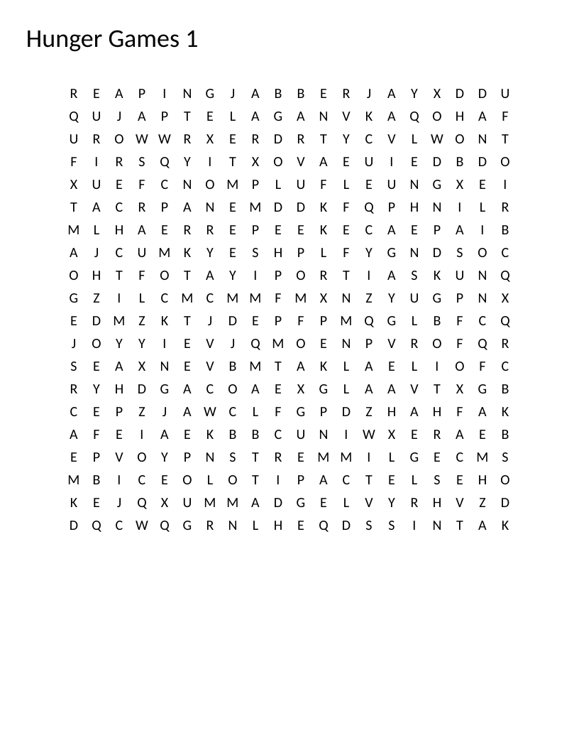 The Hunger Games word search with character names like Katniss, Peeta, and Mockingjay.