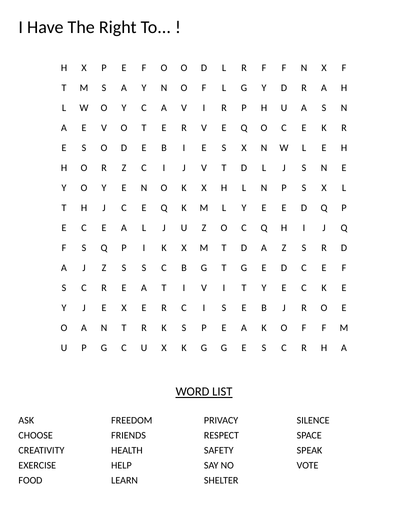 Word search on children's rights with words like privacy, freedom, safety, and respect.