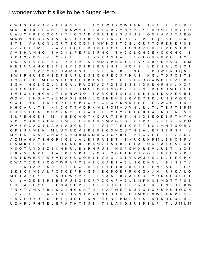 Large superhero word search with 99 words including telepathy, invisibility, Superman, and Wonder Woman.