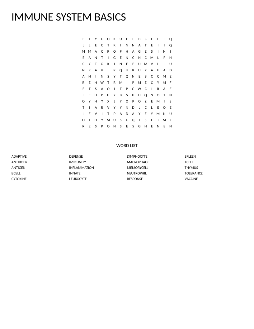 Immune system word search with biology terms like antibody, T cell, macrophage, and vaccine.