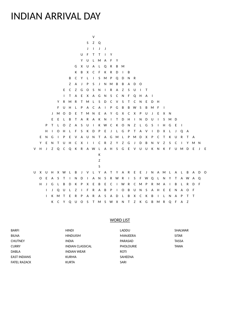 Boat-shaped Indian Arrival Day word search with words like sari, curry, tassa, and sitar.