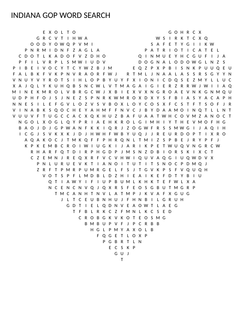 Indiana GOP word search featuring Hoosiers, Colts, Republican, and state politics terms.