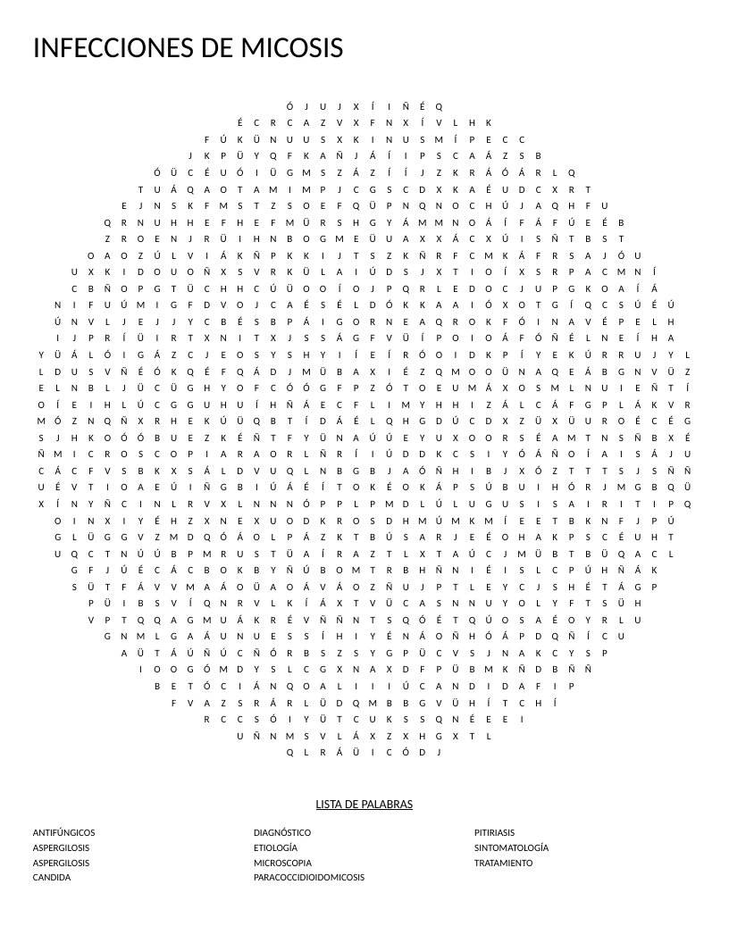 Circular Spanish mycology word search with medical terms like aspergilosis and candida.