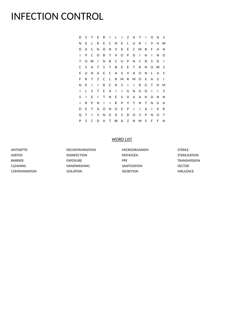 Infection control word search with healthcare terms like sterilization, asepsis, and pathogen.