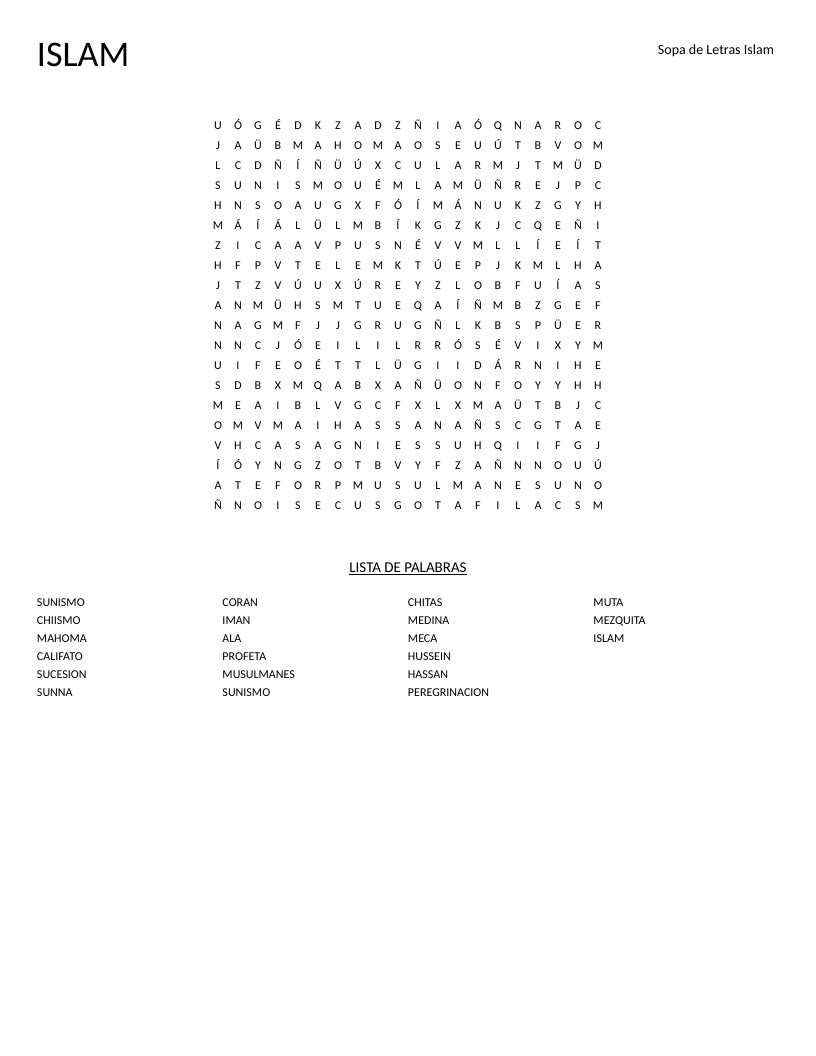 Spanish Islam word search with religious vocabulary including Quran, Mecca, and Muhammad.