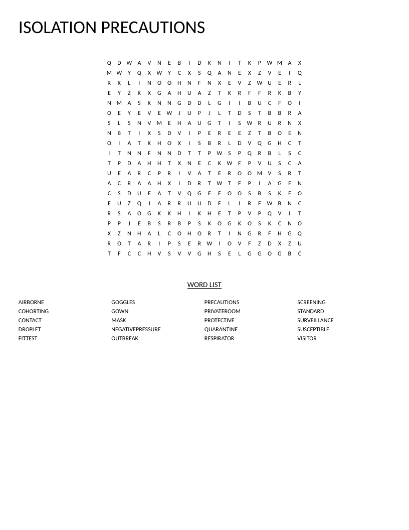 Isolation Precautions word search with healthcare terms including airborne, droplet, and respirator.