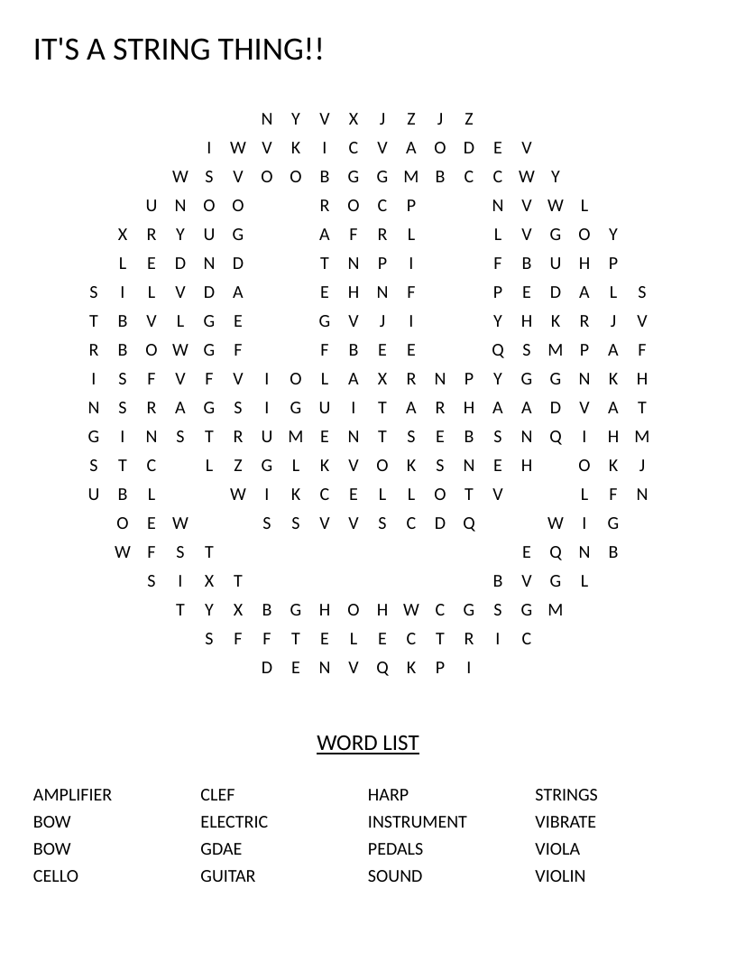 Smiley-face word search for string instruments like violin, cello, and guitar.