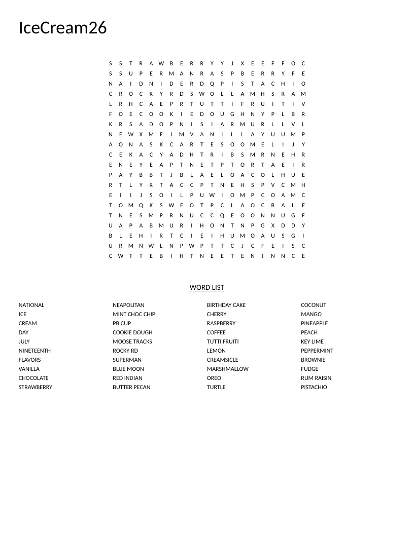 Ice cream flavor word search with vanilla, chocolate, strawberry, and mint chip.