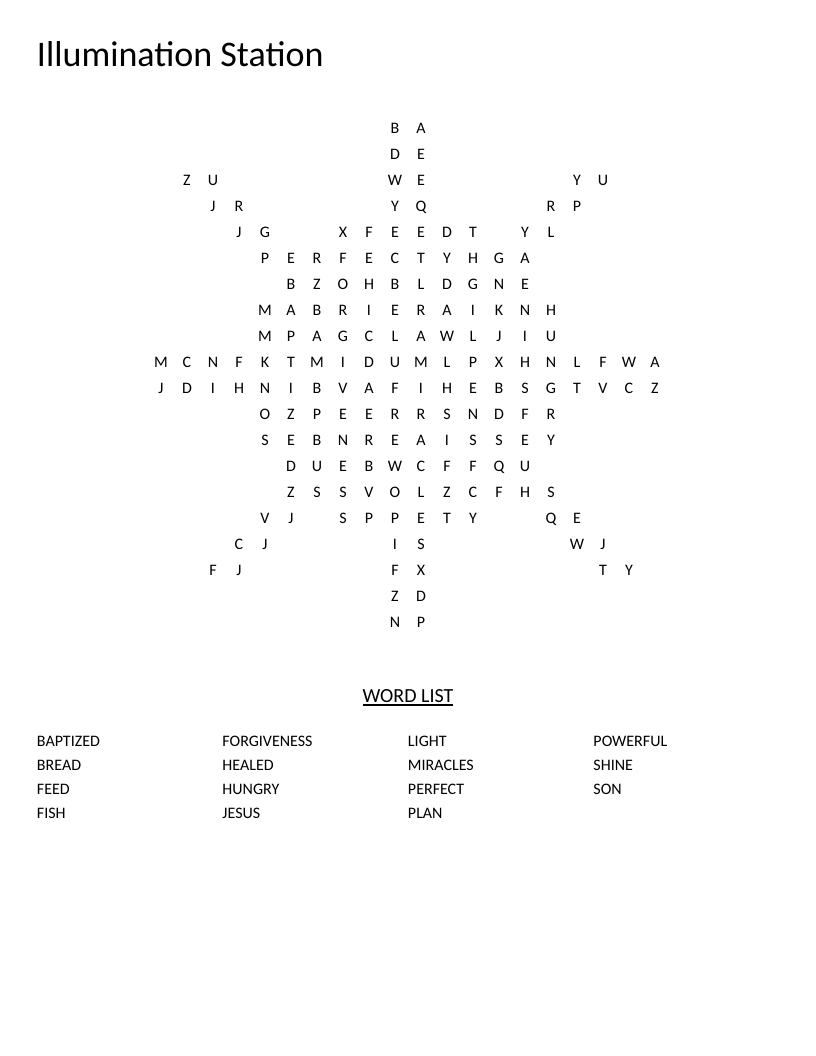 Sun-shaped Jesus and miracles word search with words like baptized, miracles, and forgiveness.
