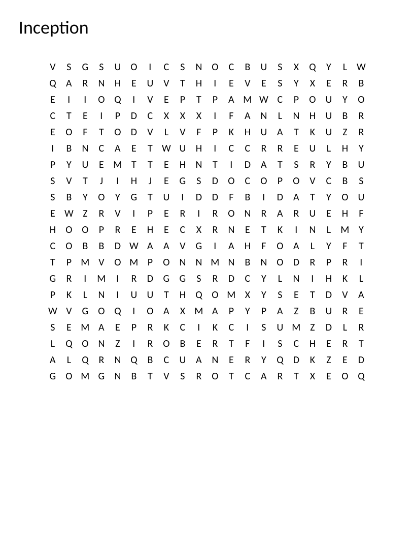 Inception word search featuring words like DomCobb, dreamsharing, and spinningtop.