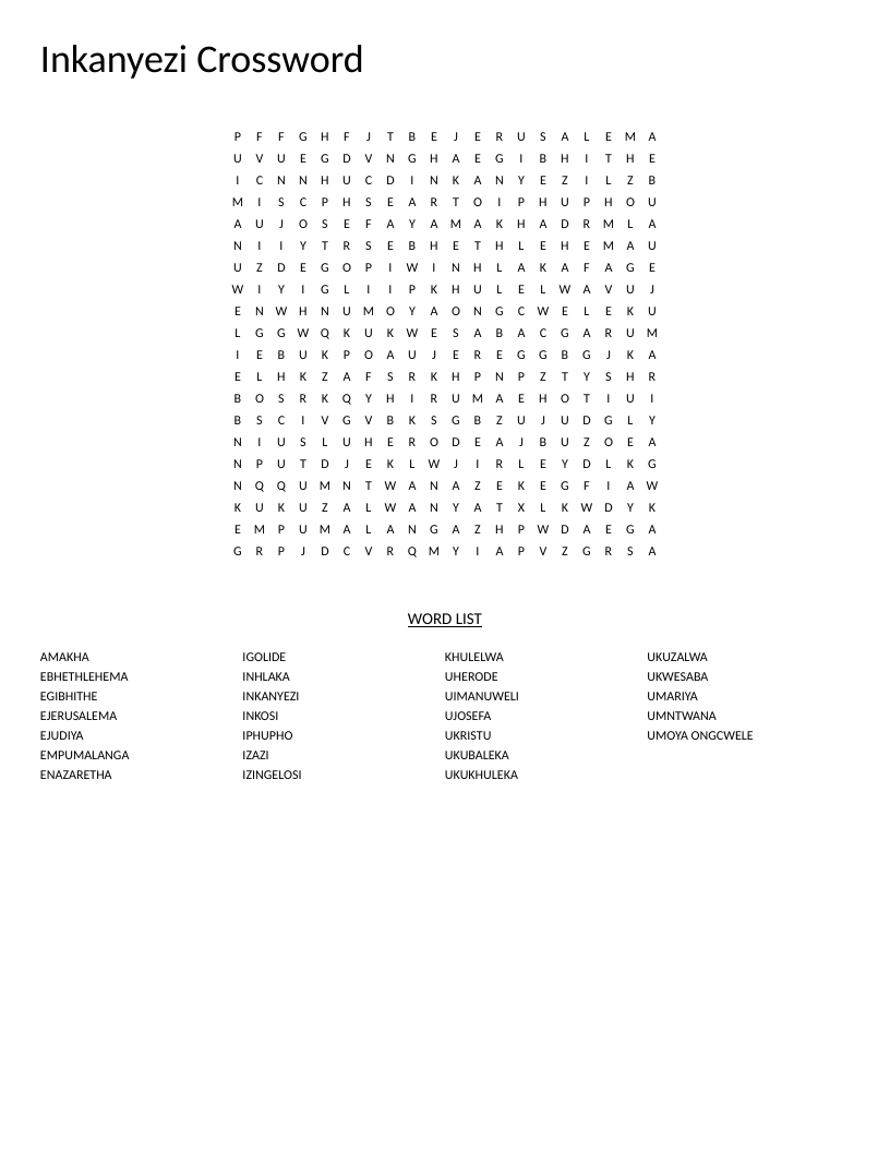 Zulu Nativity word search with words like Bethlehem, Mary, Joseph, and inkanyezi.