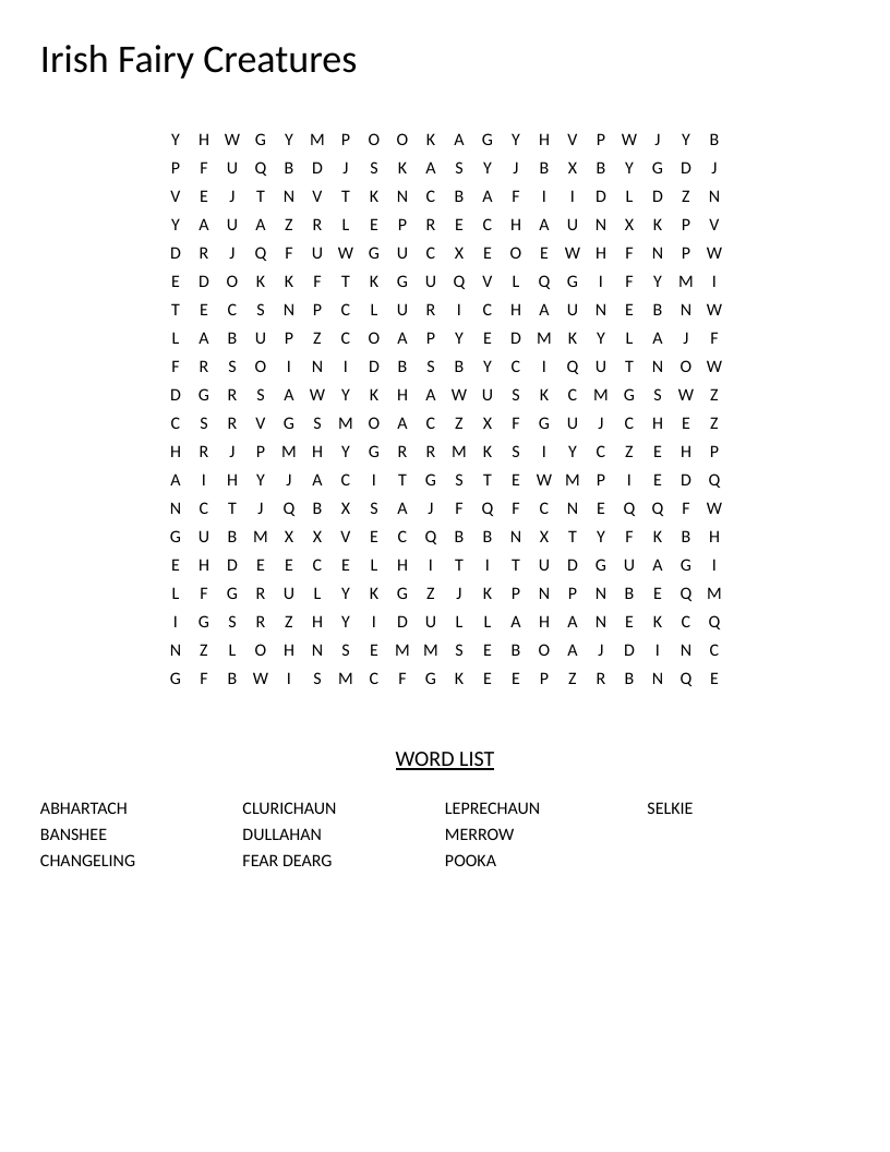 Irish folklore word search with mythical creatures like banshee, leprechaun, and selkie.