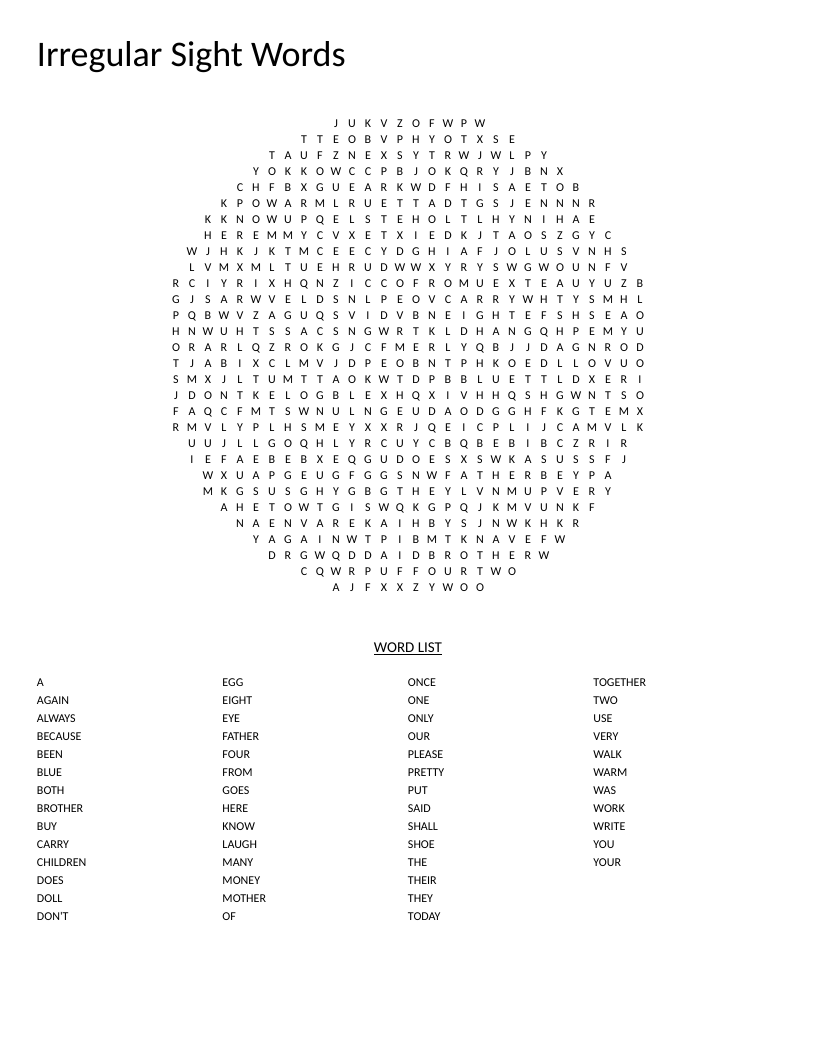 Circle-shaped sight words word search with irregular high-frequency words like said, their, and because.