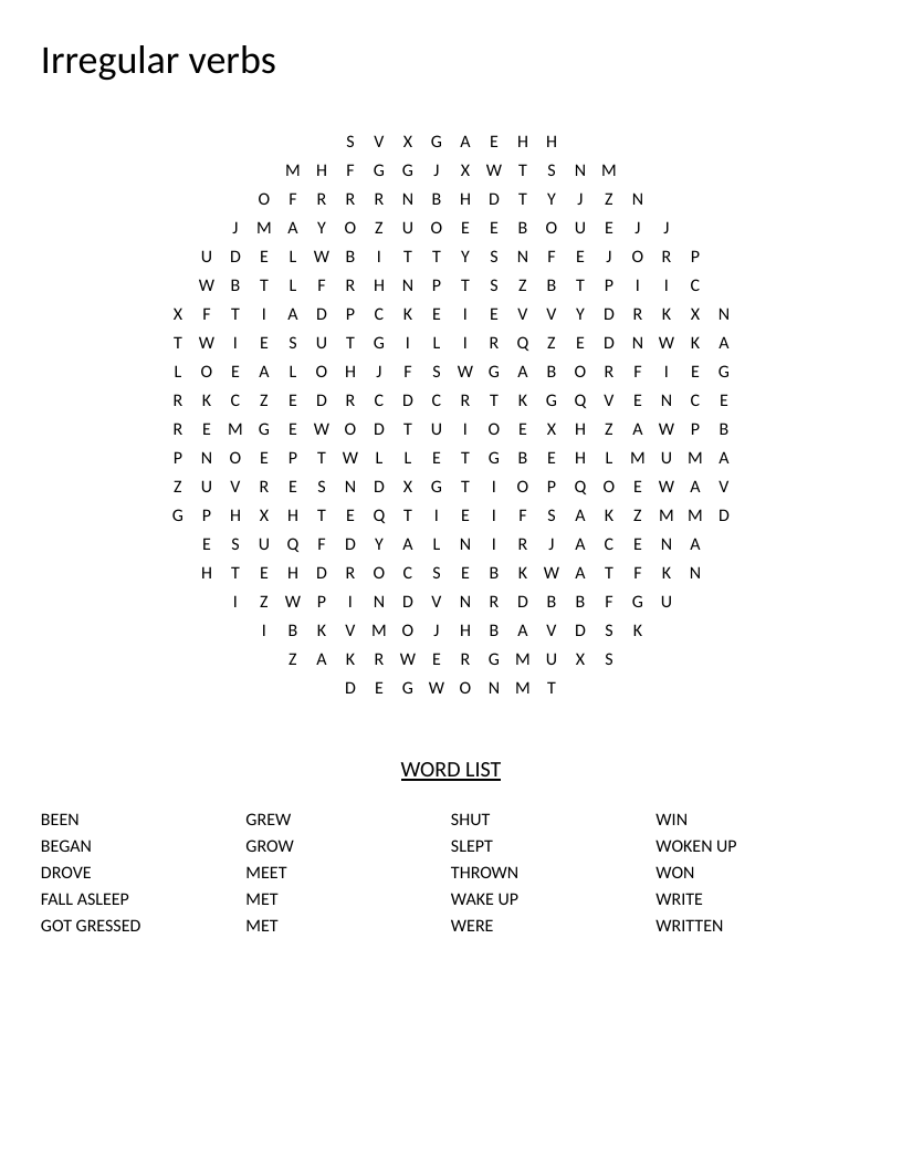 Circle word search on irregular verbs with words like met, slept, and written.