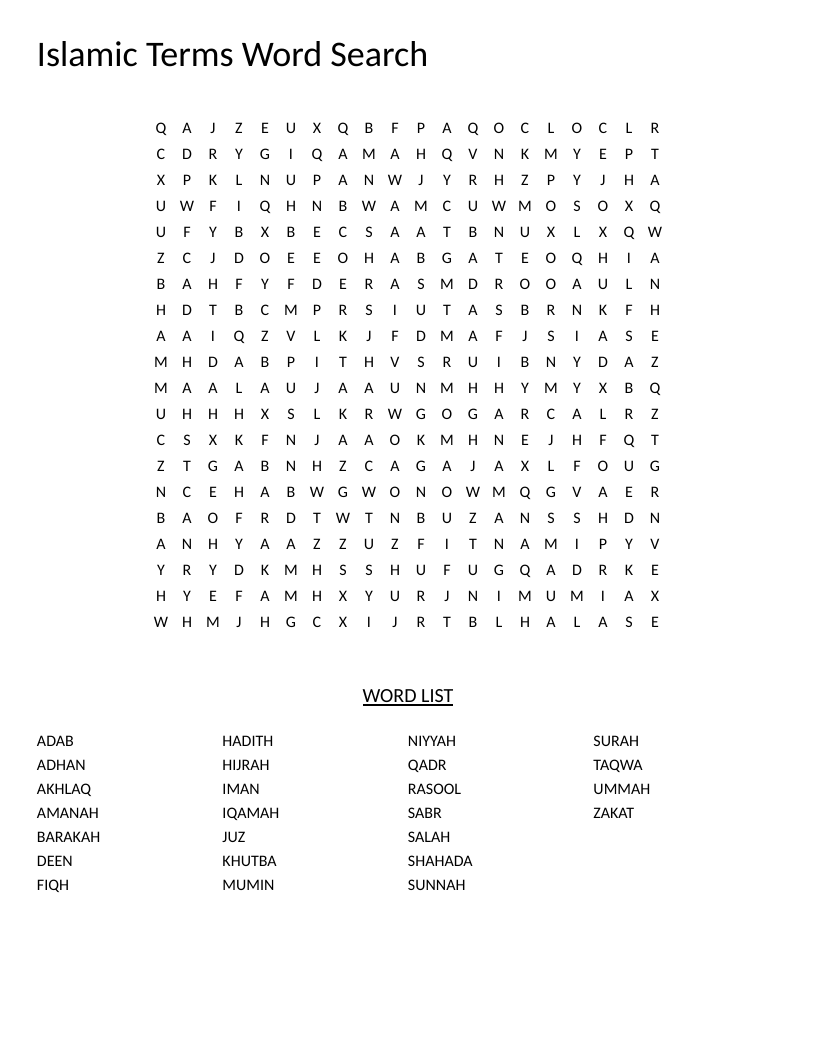 Islamic terms word search with vocabulary including salah, zakat, hadith, and taqwa.