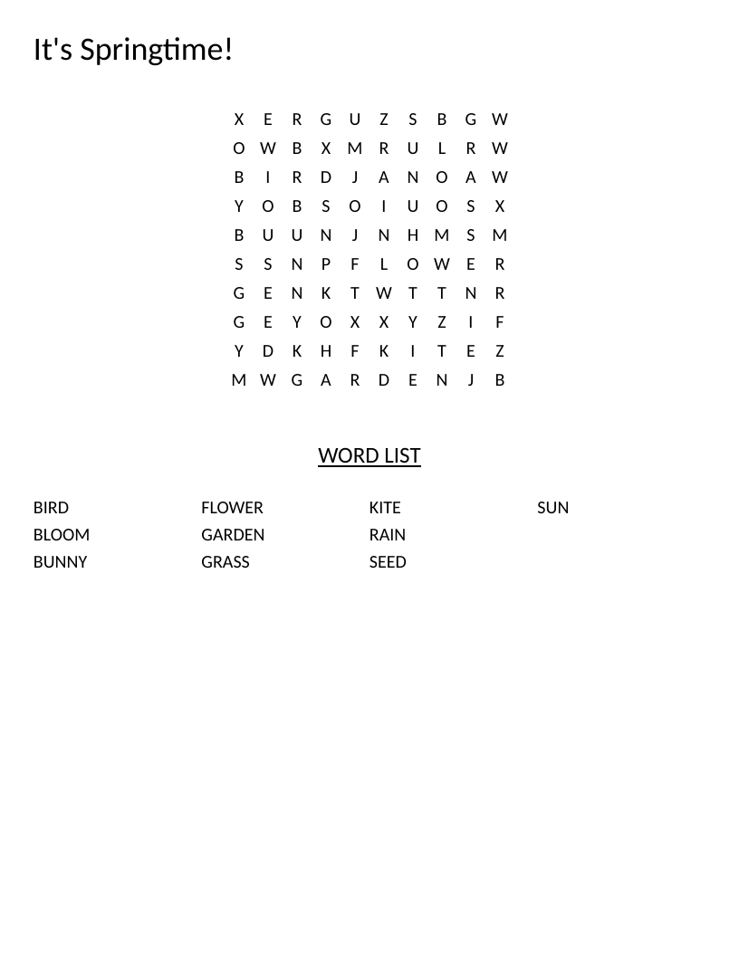 Spring word search for young learners with words like sun, flower, rain, and bunny.