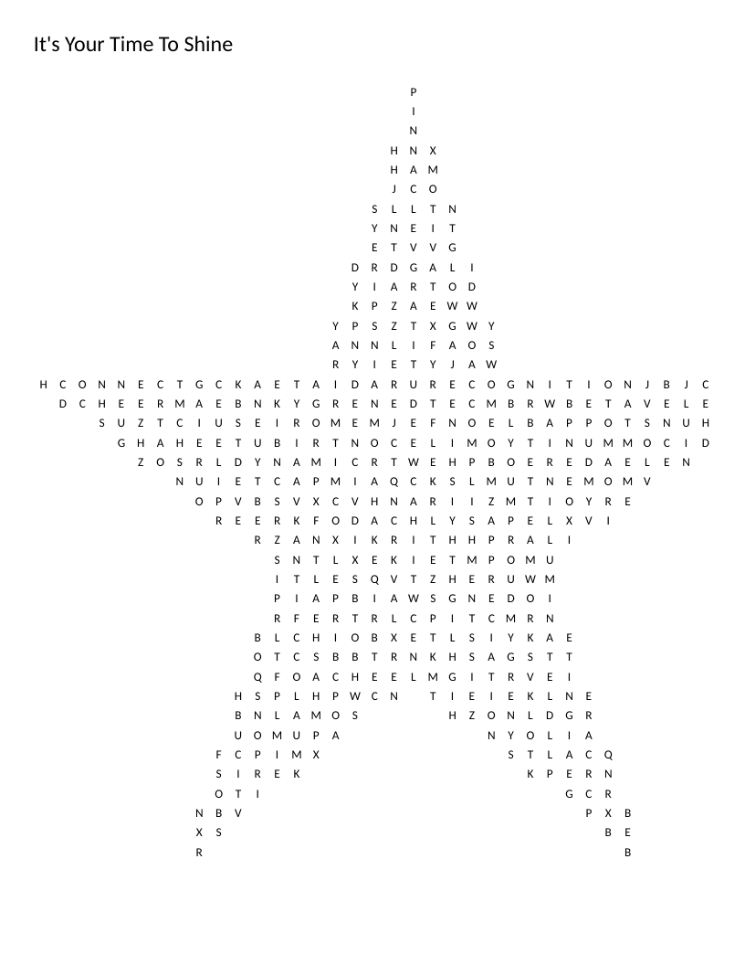 Star-shaped motivational word search with words like shine, superstar, and triumph.