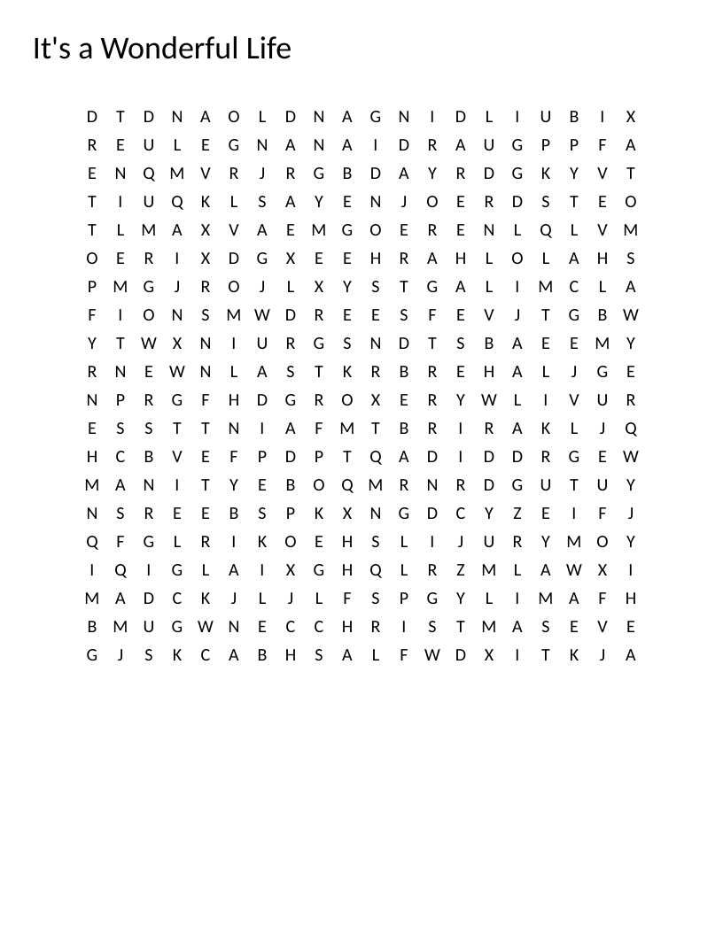 It's a Wonderful Life word search with movie characters and plot words like George Bailey and angel wings.