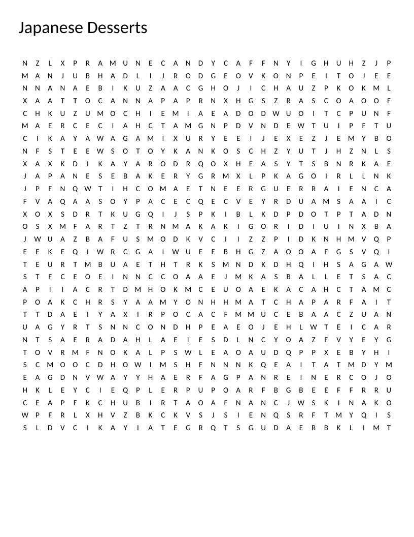 Japanese desserts word search with words like mochi, dorayaki, and matcha cake.