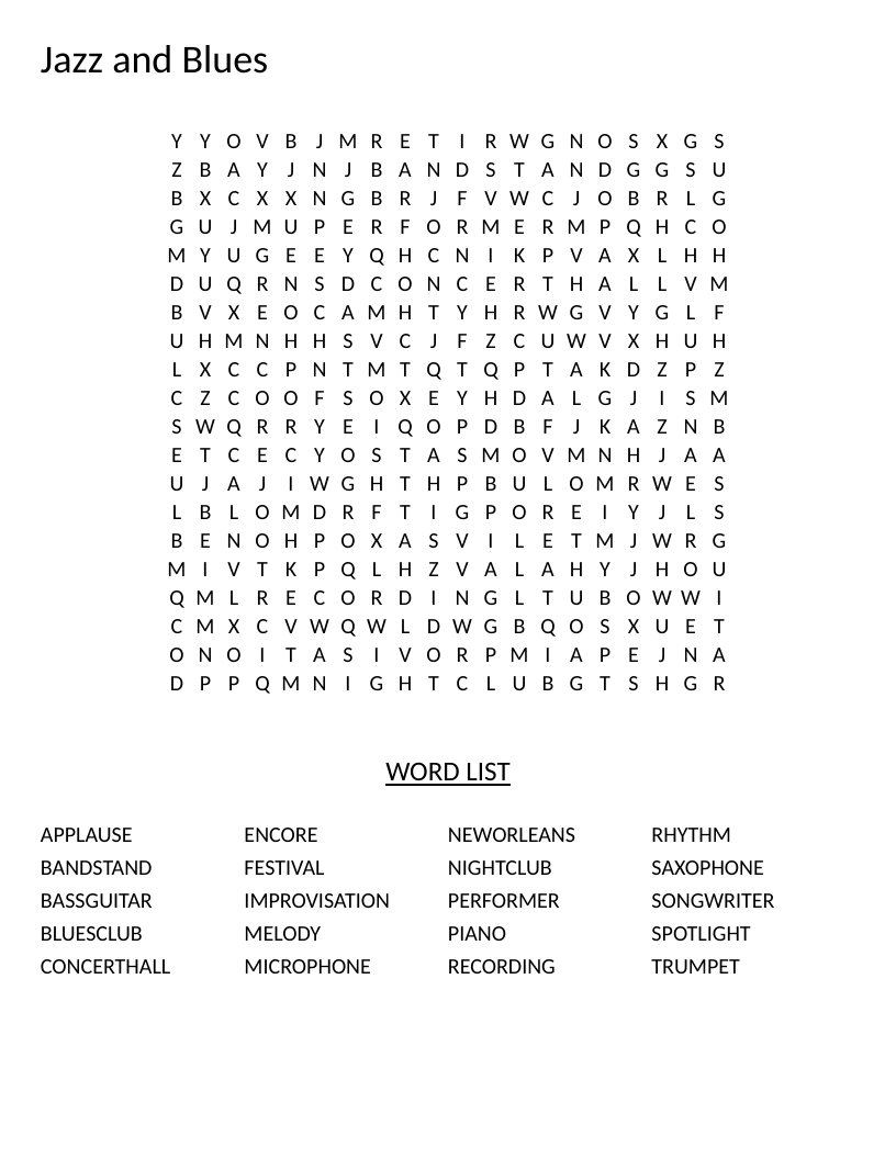 Jazz and blues word search with music words including saxophone, improvisation, and New Orleans.