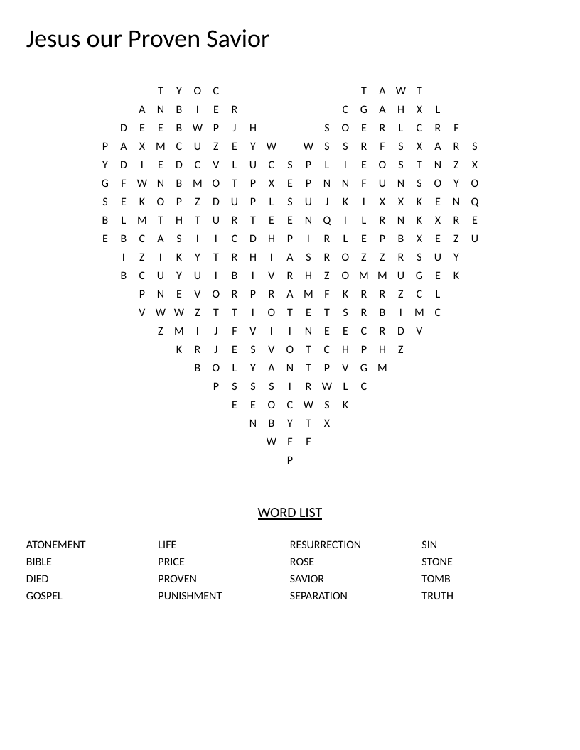 Heart-shaped Christian word search with words like resurrection, atonement, and gospel.