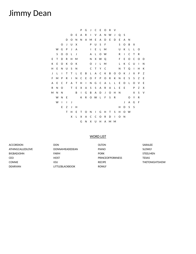 Smiley-shaped Jimmy Dean word search with country music and television history words.
