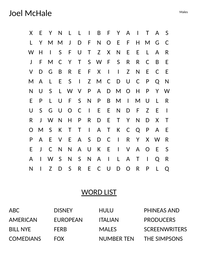 Joel McHale word search with television and entertainment terms including The Simpsons and Disney.