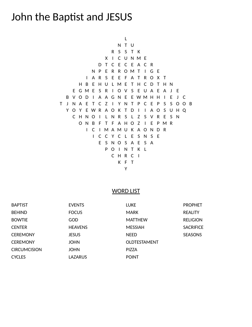 Diamond-shaped John the Baptist and Jesus word search with biblical words like prophet and messiah.