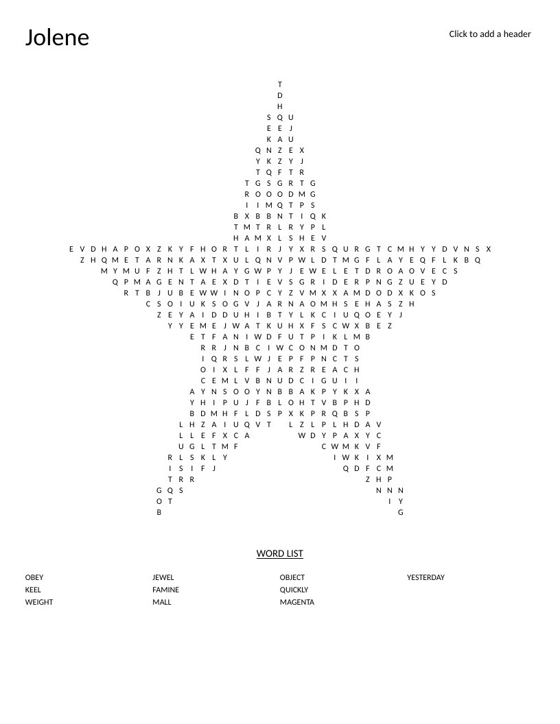 Star-shaped spelling word search with words like quickly, magenta, and yesterday.