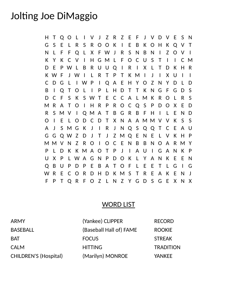 Joe DiMaggio word search with baseball words including Yankee, streak, and Clipper.