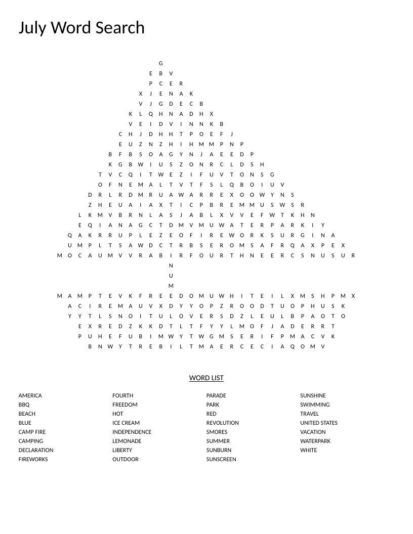 July word search with Independence Day and summer words like fireworks, lemonade, and camping in a boat shape.
