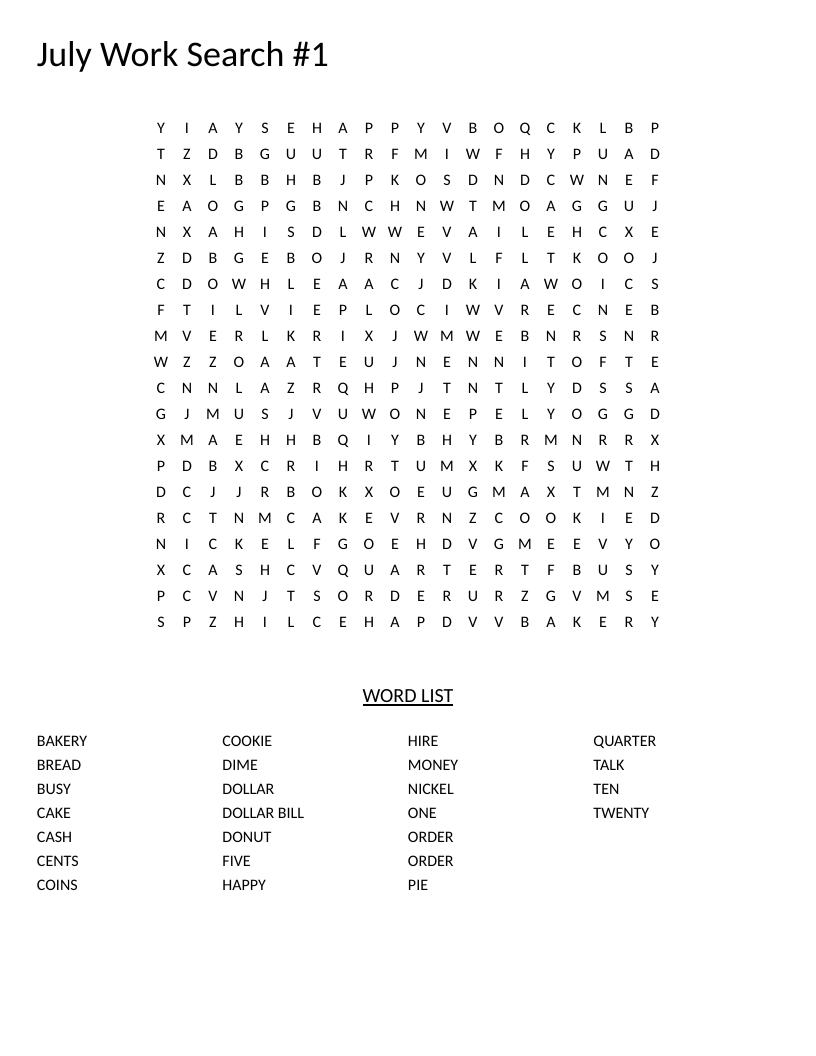 Money and bakery word search with words like dime, quarter, cookie, and donut for early elementary.