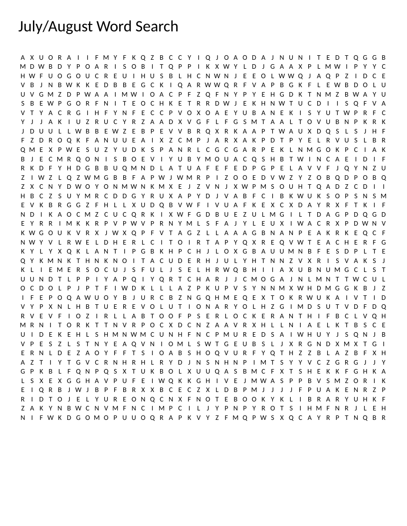 July and August word search with Independence Day and back-to-school words like firework and graduation.