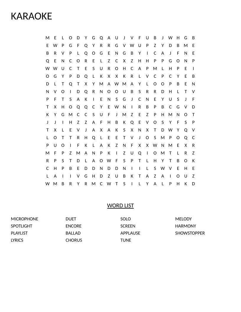 Karaoke word search with music vocabulary words like microphone, spotlight, and duet.