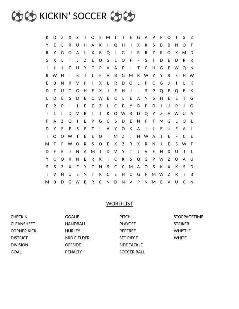 Soccer word search with vocabulary including offside, penalty, goalkeeper, and striker.