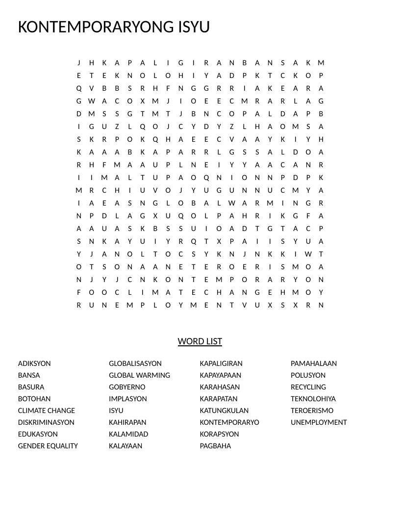 Tagalog contemporary issues word search with words on rights, climate change, and corruption.